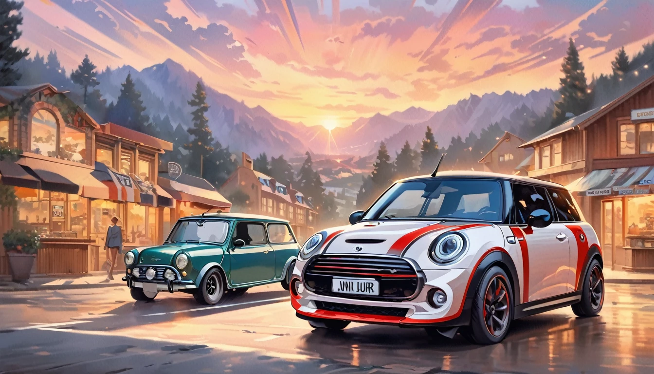 Historical masterpieces,Sunset in California, USA,A picture of a Mini Cooper parked in front of a restaurant, Beautiful artwork, OutRun art style, Beautiful digital art, Great art style, Retro style, Landscape Background,, Highly detailed digital painting,Watercolor style, super Realistic painting style, Detailed 4K painting, Realistic painting style, Awesome Wallpapers