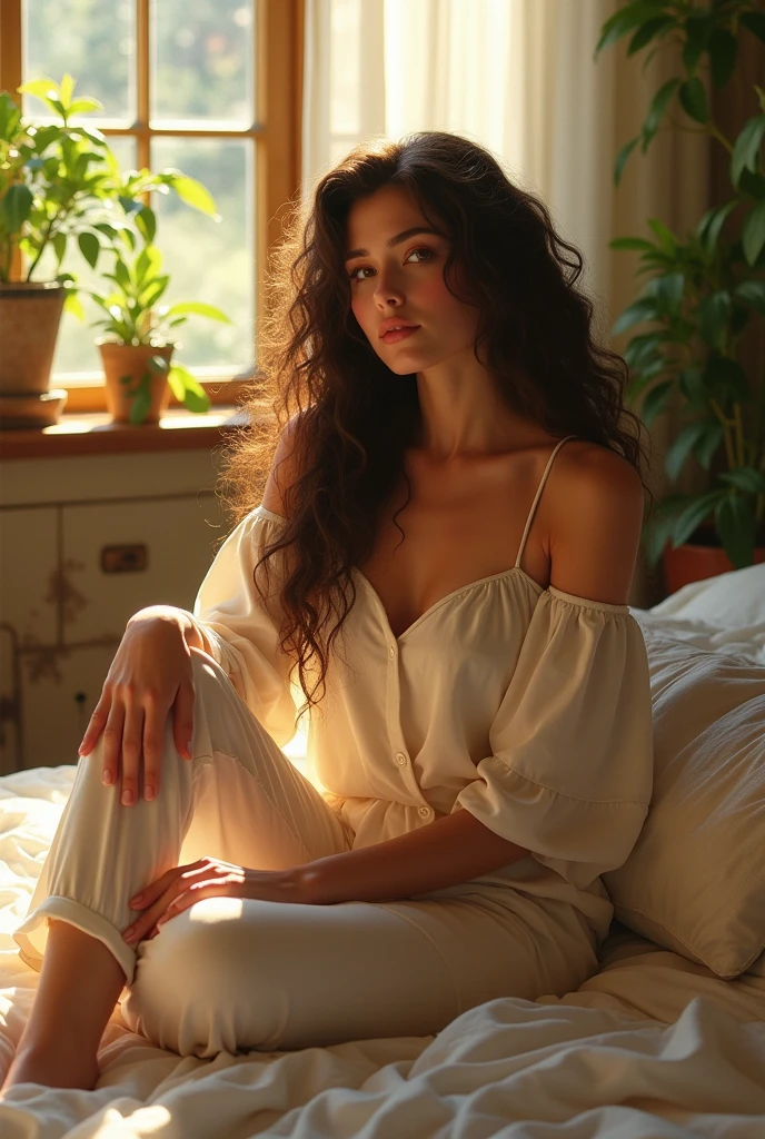 (photorealism:1.2), beautiful woman, sitting on bed, wearing loose off-shoulder top, pajama pants, long curly hair, indoors, soft lighting, plants in background, window with sunlight, cozy room, relaxed pose, realistic, intricate details, warm colors, by Greg Rutkowski, by Alphonse Mucha