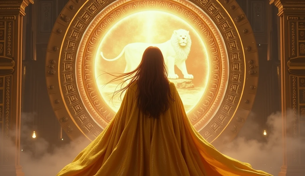 ultra realistic brown haired woman with GOLD priestess cape, facing a portal with a majestic lion and the goddess themis in the center of the portal, convey depth