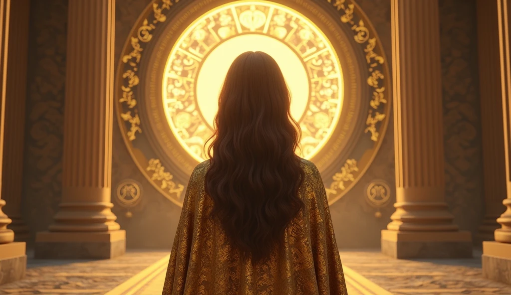 ultra realistic brown haired woman with GOLD priestess cape, facing a portal with a majestic lion and the goddess themis in the center of the portal, convey depth