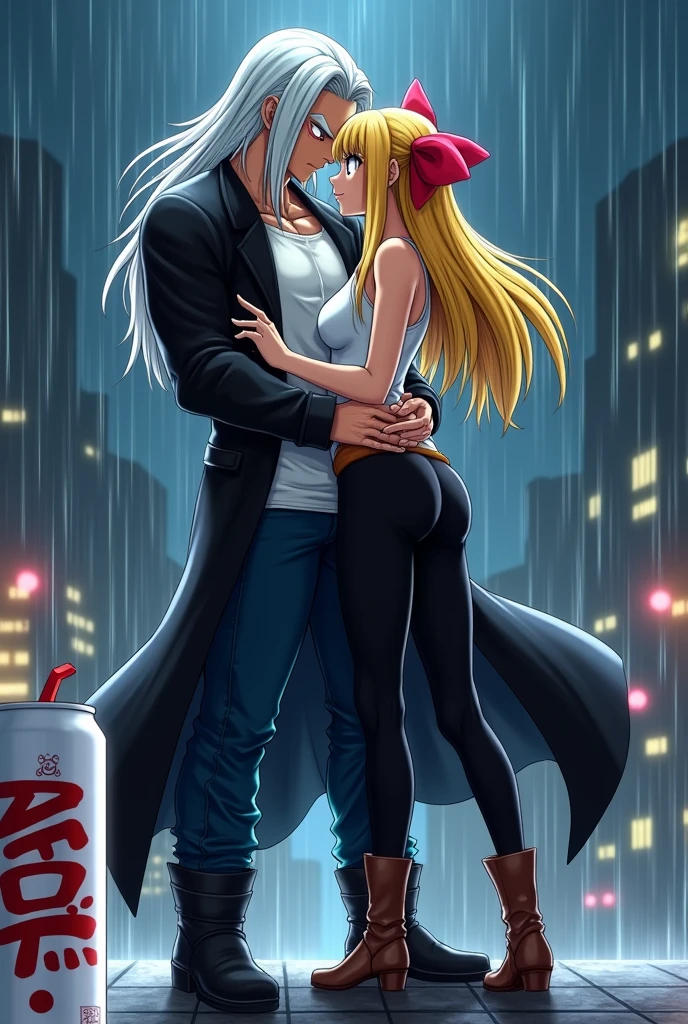 trunks,long straight white hair,Red eyes,semi muscular,scar mark above one of his eyes,White T-shirt,long black jacket,dark blue jean pants,black boots,white saiyajin cola,next to a woman with a female body,long yellow hair tied with a red ribbon,sky blue eyes,white short sleeveless shirt,black pants stuck to his legs,Brown boots kissing in a Japanese city at night in the rain(dragon ball drawing style)