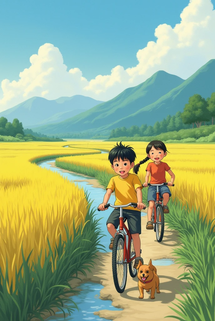 In a field in rural China in the eighties, a boy with short black hair and a yellow T-shirt and a braid wearing a skirt are riding a bicycle on a path next to a stream. The two children are very happy, in an illustrated play scene, Hayao Miyazaki style, followed by a small dog. They all have big smiles on their faces and the backdrop is a rice field with mountains and rivers in the distance and the sun is shining, in a style that is reminiscent of animation and cartoon illustrations.
