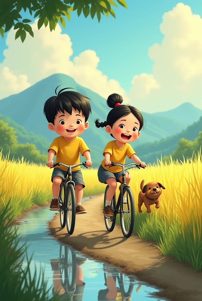 In a field in rural China in the eighties, a boy with short black hair and a yellow T-shirt and a braid wearing a skirt are riding a bicycle on a path next to a stream. The two children are very happy, in an illustrated play scene, Hayao Miyazaki style, followed by a small dog. They all have big smiles on their faces and the backdrop is a rice field with mountains and rivers in the distance and the sun is shining, in a style that is reminiscent of animation and cartoon illustrations.