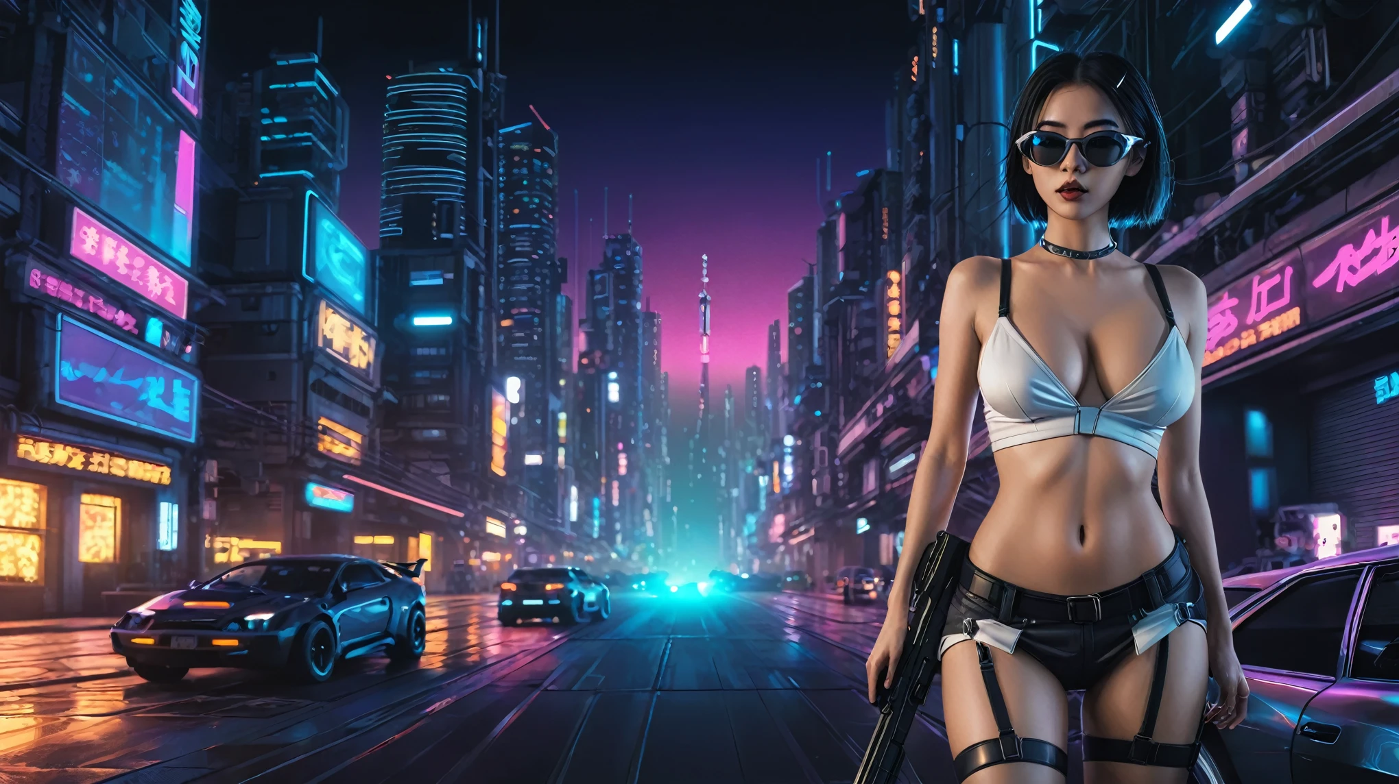 simple comic style cyberpunk city, line art background, flying cars, at night. (1girl, solo), photo realistic, medium-breast:1.3 slim body, cleavage, sling top, miniskirt, black sunglasses, holding a short gun, half-body thigh level medium shot, cinematic lighting, ray tracing.