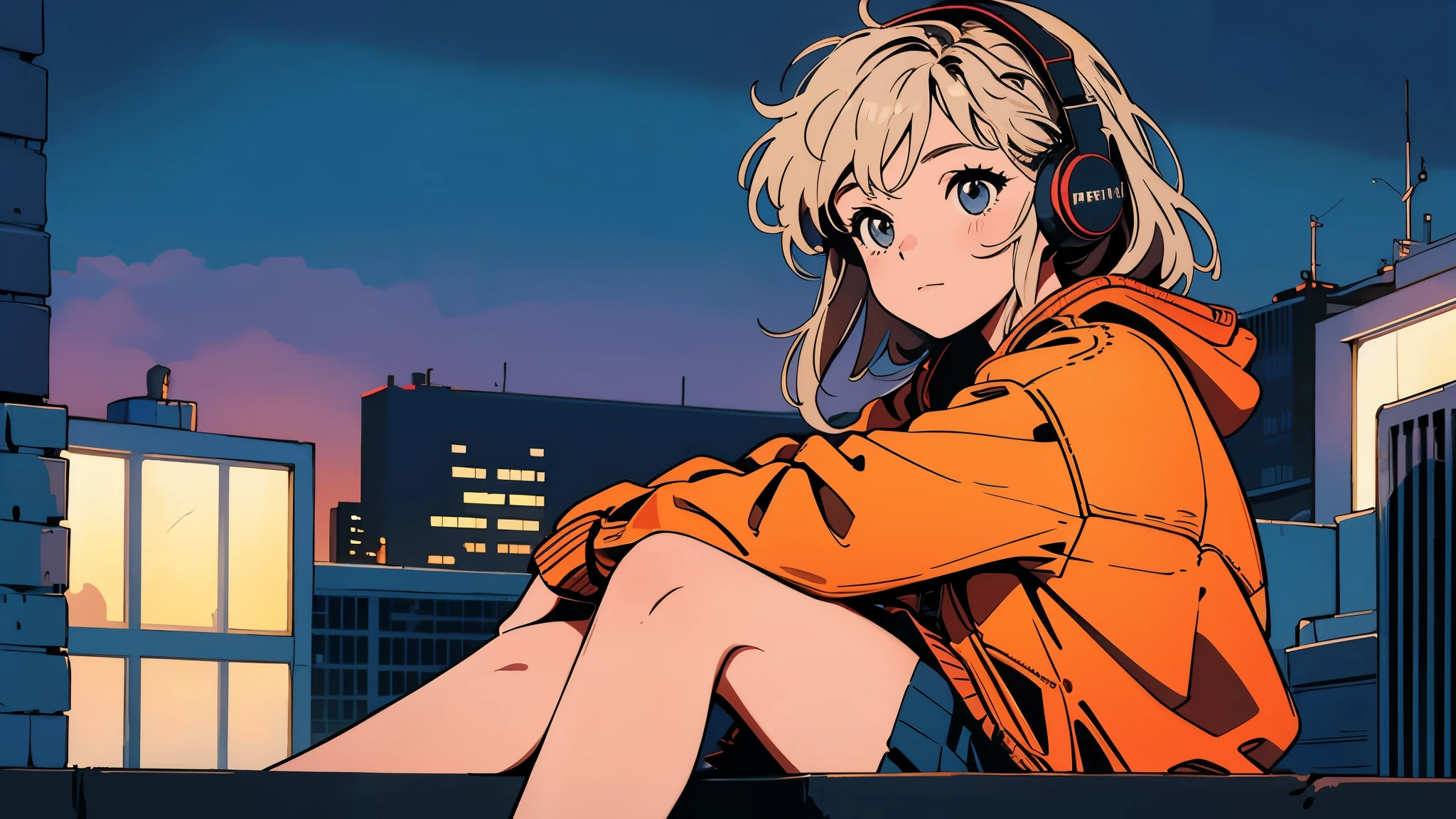 A girl sitting on a rooftop, overlooking the city at dusk, with headphones and a relaxed, content expression.