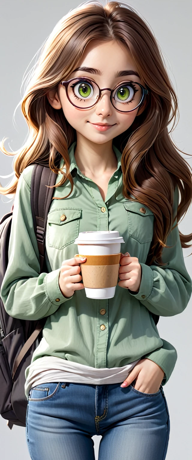 (1 girl, solo), (girl is 22yo, (brown long hair), standing, (looking at the viewer):1.2, glasses, carrying a backpack, (holding a cup of coffee ), jeans, (green shirt):1.2, big eyes, slim body, happy expression on the face, detailed eyes, (well-detailed face)), sunny day, (ultra detailed), ((best quality)), (full body):1.2, (white background):1.4