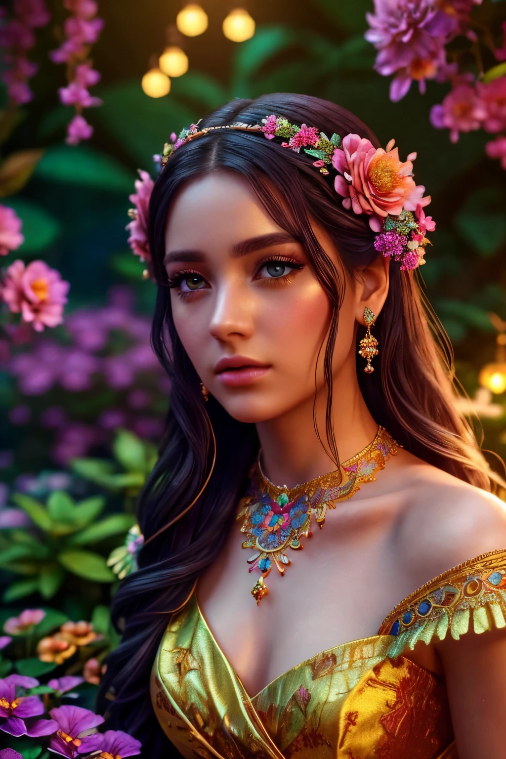 a beautiful 2D girl, detailed face, beautiful eyes, detailed lips, long eyelashes, elegant pose, colorful dress, detailed jewelry, fantasy garden background, cinematic lighting, warm color palette, intricate floral patterns, photorealistic, masterpiece, 8k, high quality