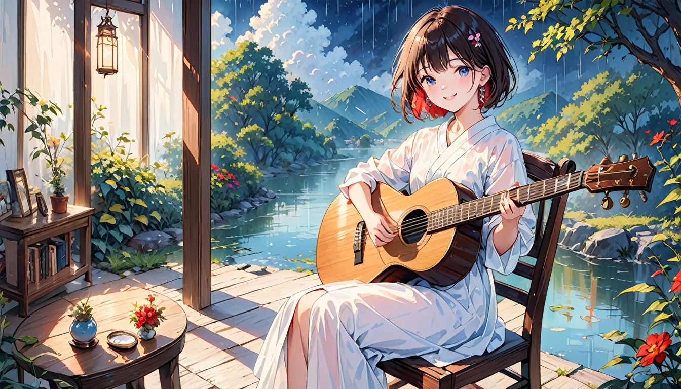 (Highest quality,4K,8k,High resolution,masterpiece:1.2),Very detailed,Realistic,Transparent guitar sculpture,night,Sunlight reflecting off a guitar,Body Details,Delicate strings,Vibrant color palette,Sculpting Tools,Hourglass Shape,Sound hole,Elegant Curves,Polished surface,Delicate carving,Light and shadow effects,Subtle reflection,Sparkling Surface,A girl sitting on a chair,8 year old child、Harmony between nature and art,Perfect craftsmanship,Transcendental beauty,Awe-inspiring works of art、Outdoor、short hair、Earrings、White shirt、Great smile、rain、Home