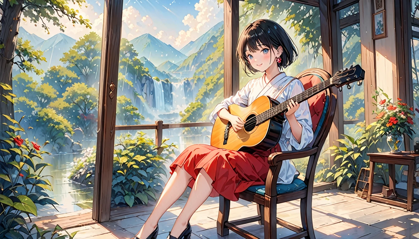 (Highest quality,4K,8k,High resolution,masterpiece:1.2),Very detailed,Realistic,Transparent guitar sculpture,night,Sunlight reflecting off a guitar,Body Details,Delicate strings,Vibrant color palette,Sculpting Tools,Hourglass Shape,Sound hole,Elegant Curves,Polished surface,Delicate carving,Light and shadow effects,Subtle reflection,Sparkling Surface,A girl sitting on a chair,8 year old child、Harmony between nature and art,Perfect craftsmanship,Transcendental beauty,Awe-inspiring works of art、Outdoor、short hair、Earrings、White shirt、Great smile、rain、Home
