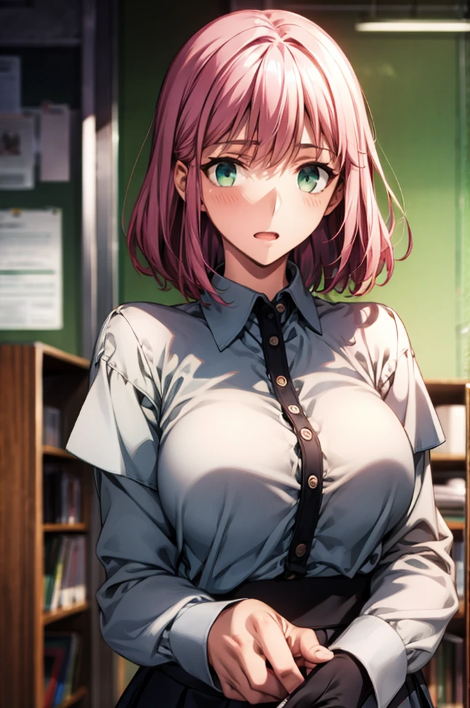 Masterpiece,Highest quality,8k,Ultra-high resolution,appropriate margins,Perfect hands,Perfect Fingers,Perfect human body,Perfect Eyes,((Cowboy Shot)),BREAK,Bright expression,(1 person),(The most beautiful mature women),Slim body,((Big Breasts)),Moisturized Skin,Fair skin,BREAK,(Pink Hair),short hair,hairpin,Thin eyebrows,BREAK,Green Eyes,Light in the eyes,BREAK,Open your mouth a little,BREAK,((officeレディ,Absolute area)),((White shirt,skirt,Fishnet tights)),BREAK,office、desk