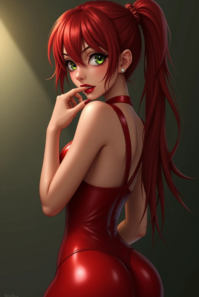 1 girl, Cutie, red head, 18+, tight, oil, shiny, latex, looking back, green eyes, provocative pose, inviting, biting lip