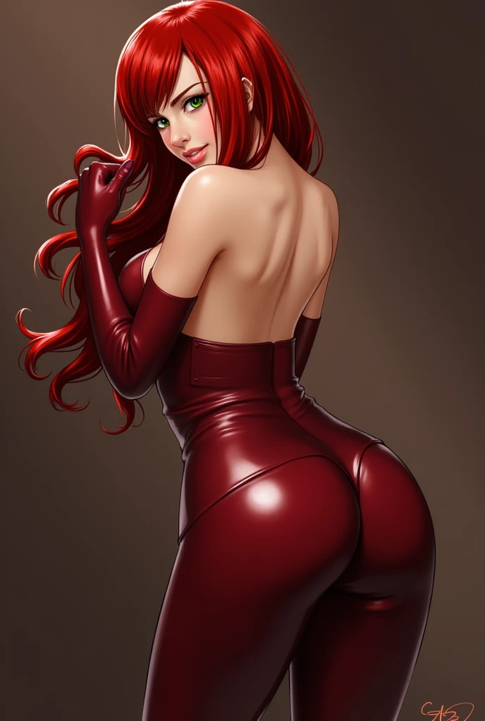 1 girl, Cutie, red head, 18+, tight, oil, shiny, latex, looking back, green eyes, provocative pose, inviting, biting lip