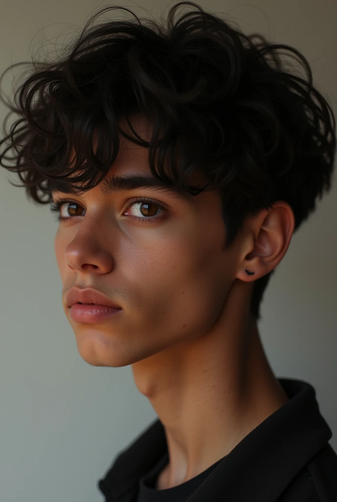 A tall boy, moreno, defined facial features, brown and round eyes, straight hair, thin lips