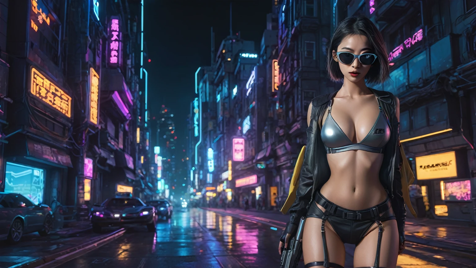 simple comic style cyberpunk city, line art background, flying cars, at night. (1girl, solo), photo realistic, medium-breast:1.3 slim body, cleavage, sling top, miniskirt, black sunglasses, holding a short gun, half-body thigh level medium shot, cinematic lighting, ray tracing.