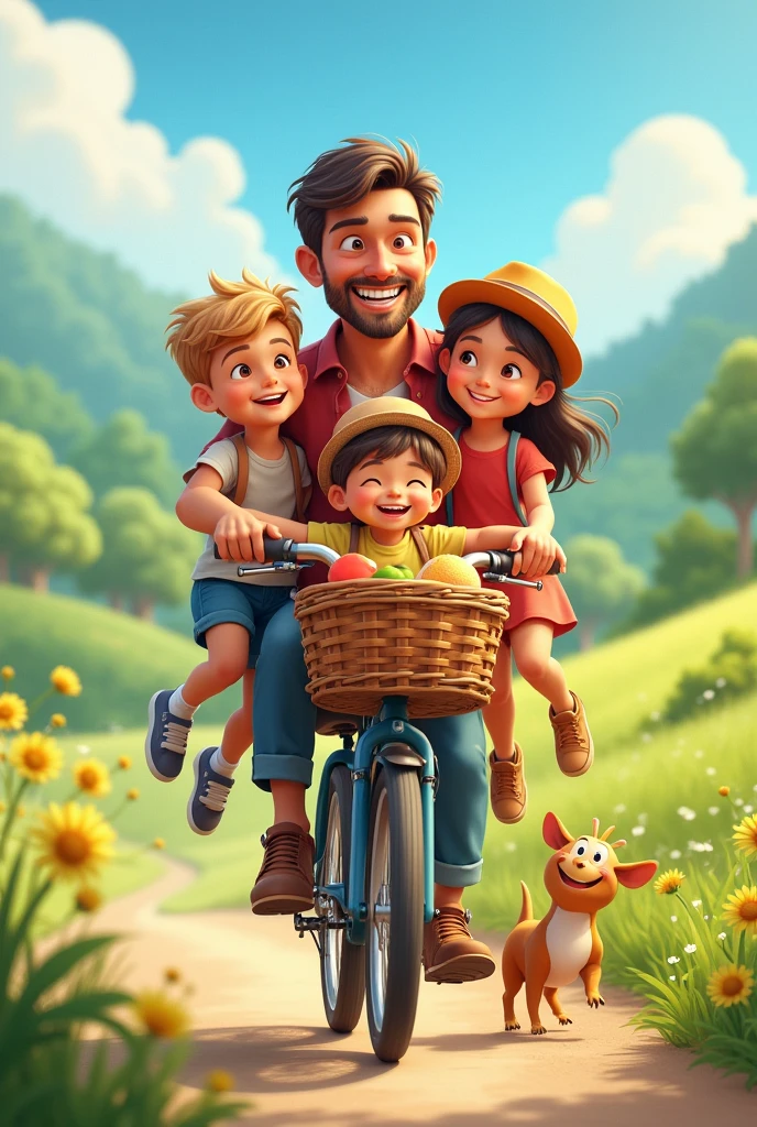 Happy Father&#39;s Day image with 3 kids and their dad on a bike
