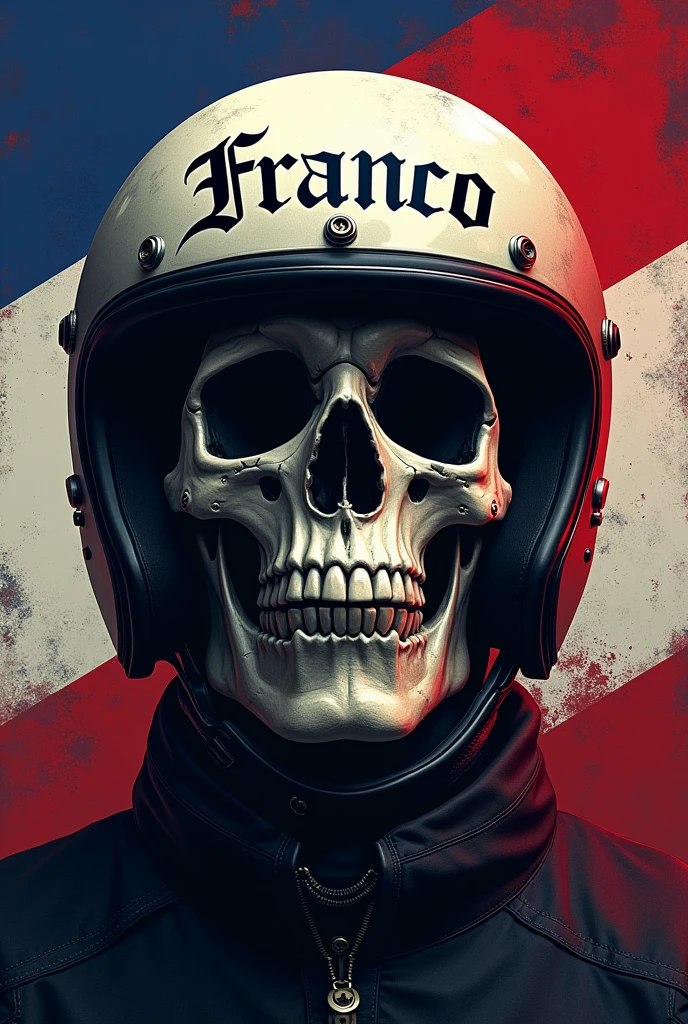 Flag of Costa Rica carrying the colors in order blue white red white blue, In front a skull wearing a motorcycle helmet bearing the name Franco in gothic letters on the helmet 