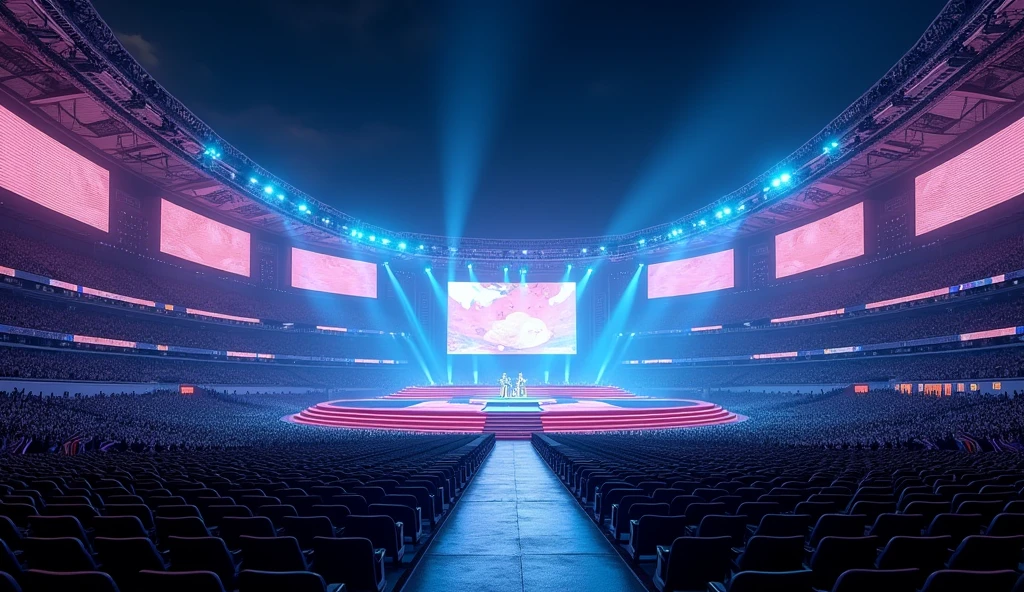Make me an image of a modern stage without a catwalk with several screens for my tour that is giant with curved screens and that is in the Maracanã stadium 、No people、Distant stage、５View from the floor、