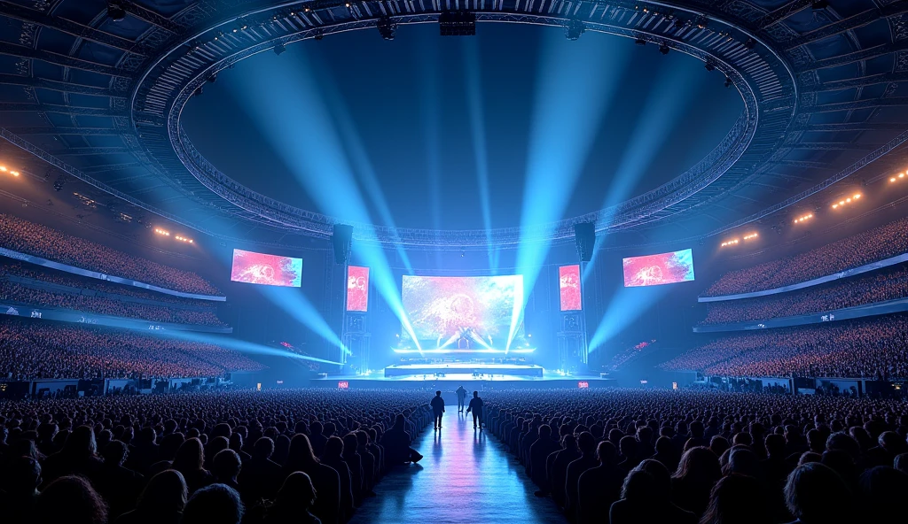 Make me an image of a modern stage without a catwalk with several screens for my tour that is giant with curved screens and that is in the Maracanã stadium 、No people、Distant stage、５View from the floor、