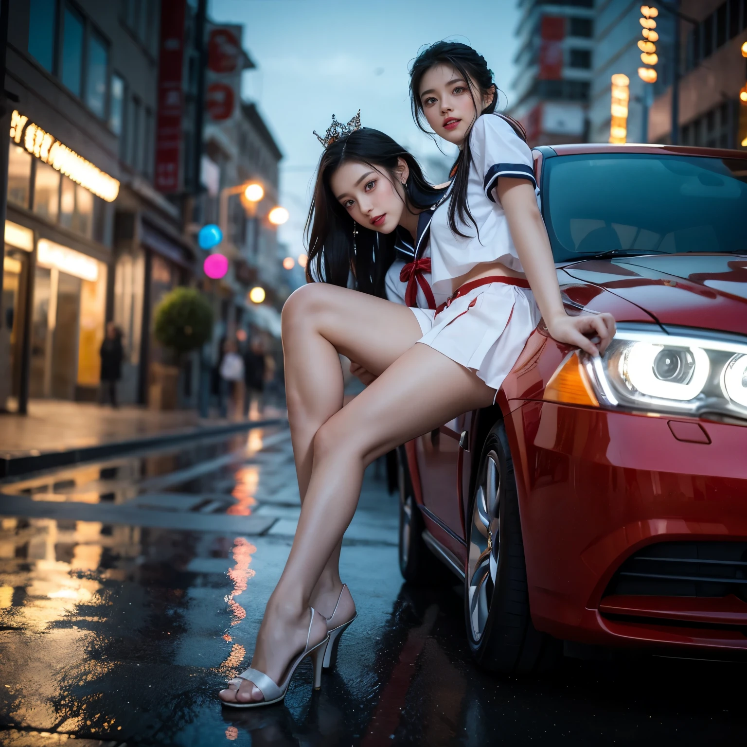 SFW, (Closeup from Crotch to Face) ExtremelyDetailed (SchoolGirl Lean against the Car) Spread Knees Up, perfect face, Brilliant(Tiny Crown), Detailed(Delicate Clothing textures) Sailor Uniform with Red Ribbon (((WhitePanties))), PerfectHand with Childish 4Fingers and one Thumb, Corrected Leg to Foot Line, ((Starry Colorful Lights at Dusk City)) Large Screens, ((Specular Reflection:1.32)Shiny Wet Road)Shiny Cars, ((Hidden Arm) Hidden Sole) Red[High-heels], TopQuality 8K Ultra-detailed masterpiece (ProfessionalPhoto:1.37)(Acutance:0.8)
