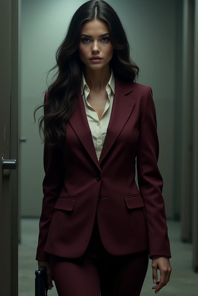 A white woman with black hair, long, straight and wavy at the tip, has black eyes and a slightly tired look. She is wearing a burgundy suit and discreetly holds a gun.. Your suit is not sexy. The image is a little more realistic.