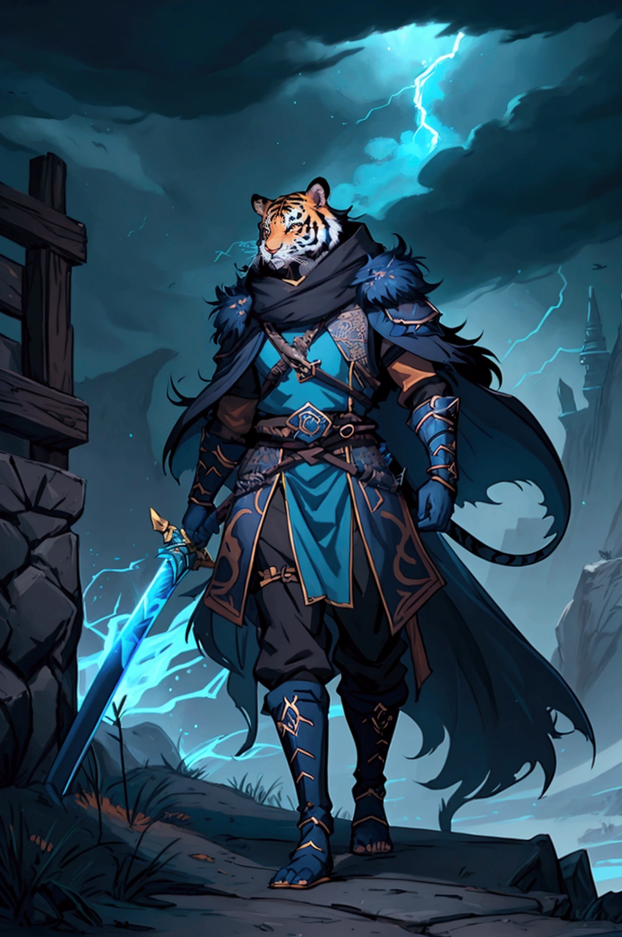 tiger man, tabaxi dnd, dark blue fur, swordsman, runic clothes, blue clothes, storm background, digital art, dnd character art style, fantasy, dark fantasy, detailed --v 6.0 --stylize 1000 --ar 3:5