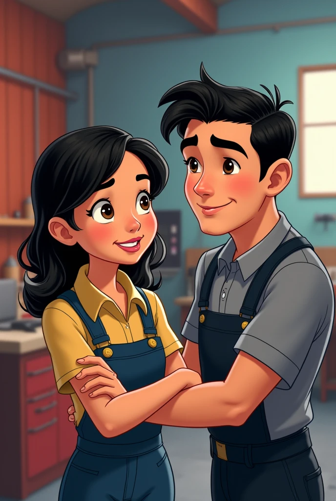 I want a Disney animated image of a black-haired occupational health and safety girl, churon, Brown eyes and a white-skinned boy with black hair and a hairstyle parted in the middle like an automotive mechanic