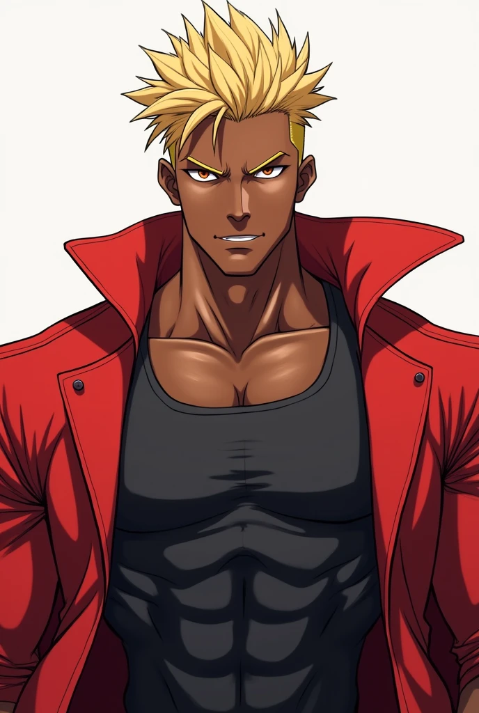 The anime picture shows me from head to toe、Dark skinned、He has a slim muscular body and wears a tank top and a red jacket.、Blonde