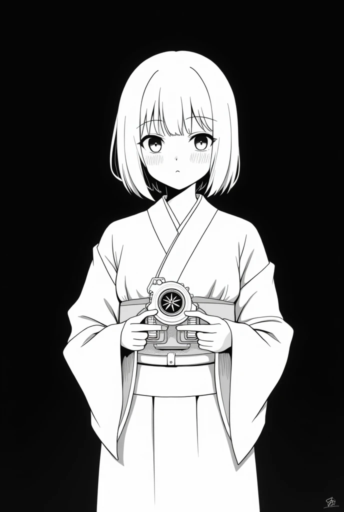 White pen on a black background。
No grey, just black and white。
A girl with white hair wearing a kimono。
Anime Style。
Hair length is bob。
The color of the kimono is white。
holding a car turbo in his hand。