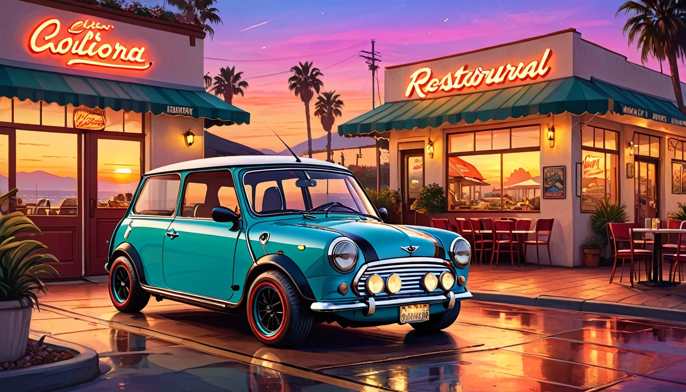 Historical masterpieces,Sunset in California, USA,A picture of a Mini Cooper parked in front of a restaurant, Beautiful artwork, OutRun art style, Beautiful digital art, Great art style, Retro style, Landscape Background,, Highly detailed digital painting,Watercolor style, super Realistic painting style, Detailed 4K painting, Realistic painting style, Awesome Wallpapers