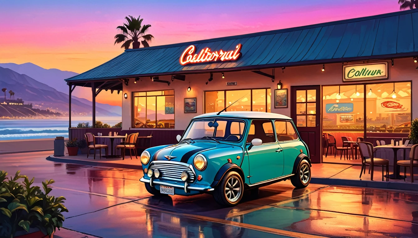 Historical masterpieces,Sunset in California, USA,A picture of a Mini Cooper parked in front of a restaurant, Beautiful artwork, OutRun art style, Beautiful digital art, Great art style, Retro style, Landscape Background,, Highly detailed digital painting,Watercolor style, super Realistic painting style, Detailed 4K painting, Realistic painting style, Awesome Wallpapers