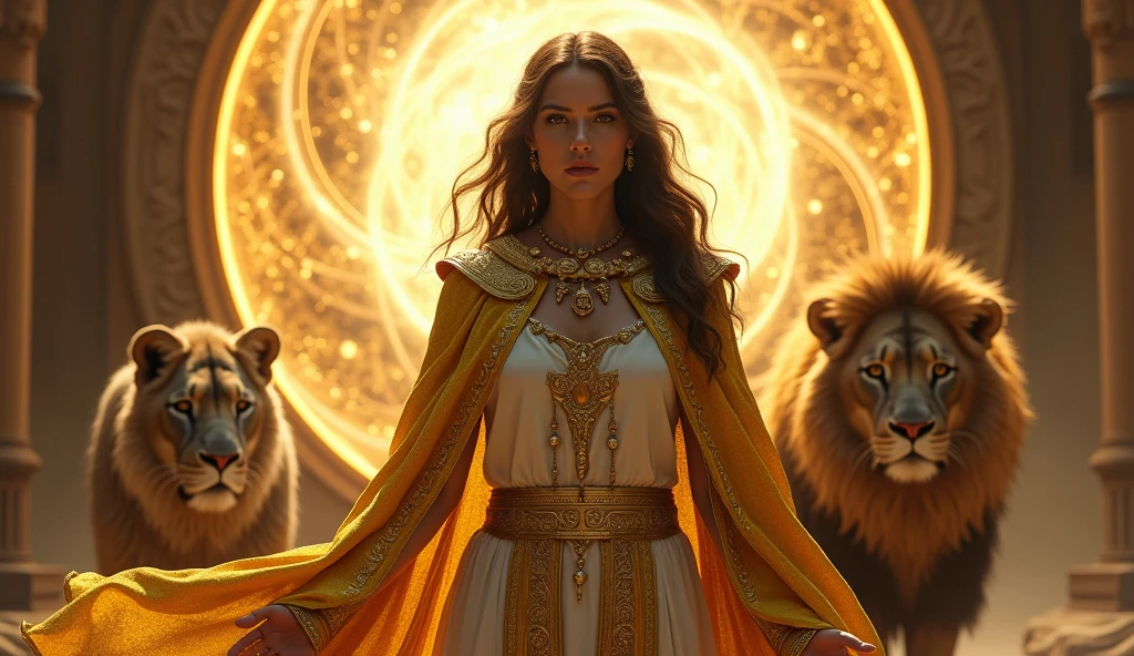 ultra realistic brown haired woman with GOLD priestess cape, facing a portal with a majestic lion and the goddess themis , convey depth