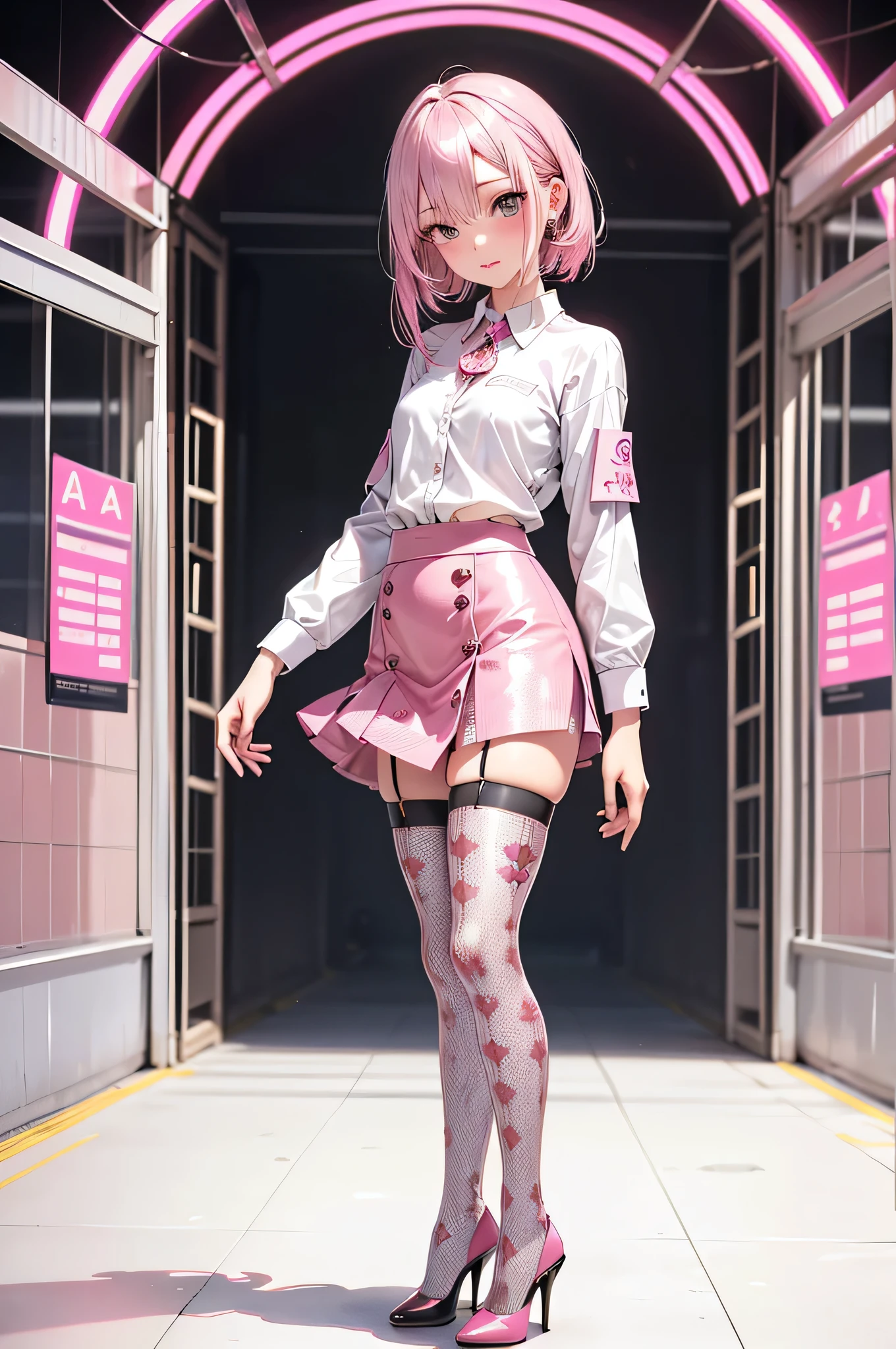 ((Biologically correct limb count)),(( From head to toe,Full-body photo including face)),4K,((Standing position)),masterpiece,((Focus on the face)),((Symmetrical facial features)),Eyes with detailed description,Beautiful woman,Great style,Beautiful arms,Beautiful legs,Beautiful Hands,(Small Ass,Thin thighs),Detailed depiction of the face,Small earrings,necklace,(Rubber Y-shirt,mini skirt((High heels,Patterned stockings))),((Meet at the station)),Silk gloves,(((Pink silver hair))),Realistic photo,25-year-old woman