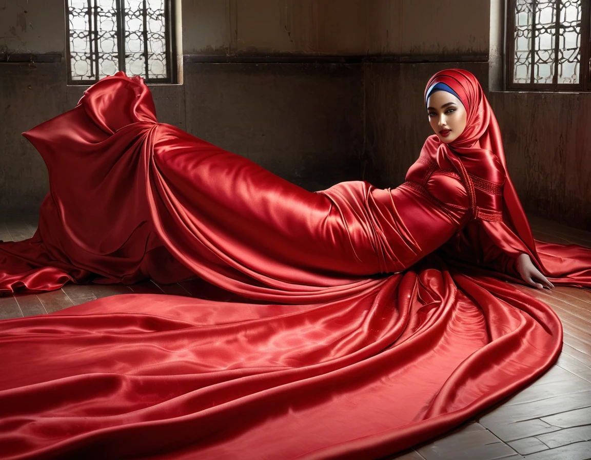 A woman shrouded in a 4-meter-long, plush red satin cloth, tightly bound and grandly draping along the form of her body, flowing off into a pooled floor-length train, styled in a mermaid-inspired outfit, her head modestly veiled in a satin hijab, a full-body pose conveying a sense of mysterious elegance, captured in a 4k resolution, ultra-realistic
