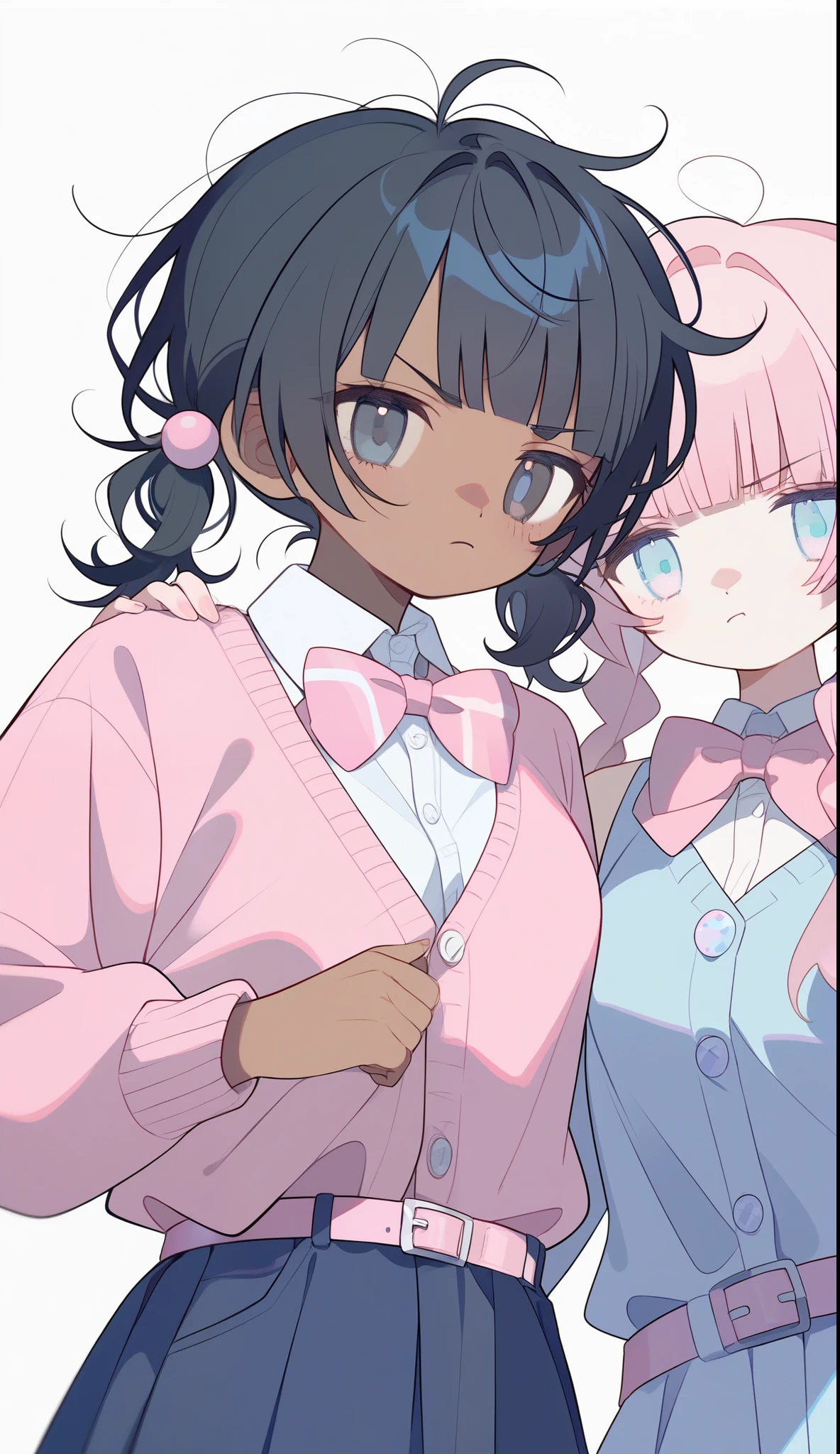  2woman,pigtails,cryinglight black hair,blunt bangs,pastel blue jean skirt with pink belt,pastel pink cardigan with buttons and a pastel pink bow,messy hair,pastel black eyes,angry,mature woman,straigh hair,dark skin,african american
