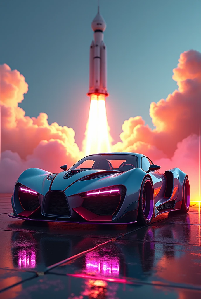 A colorful car with effect and rocket in the background
