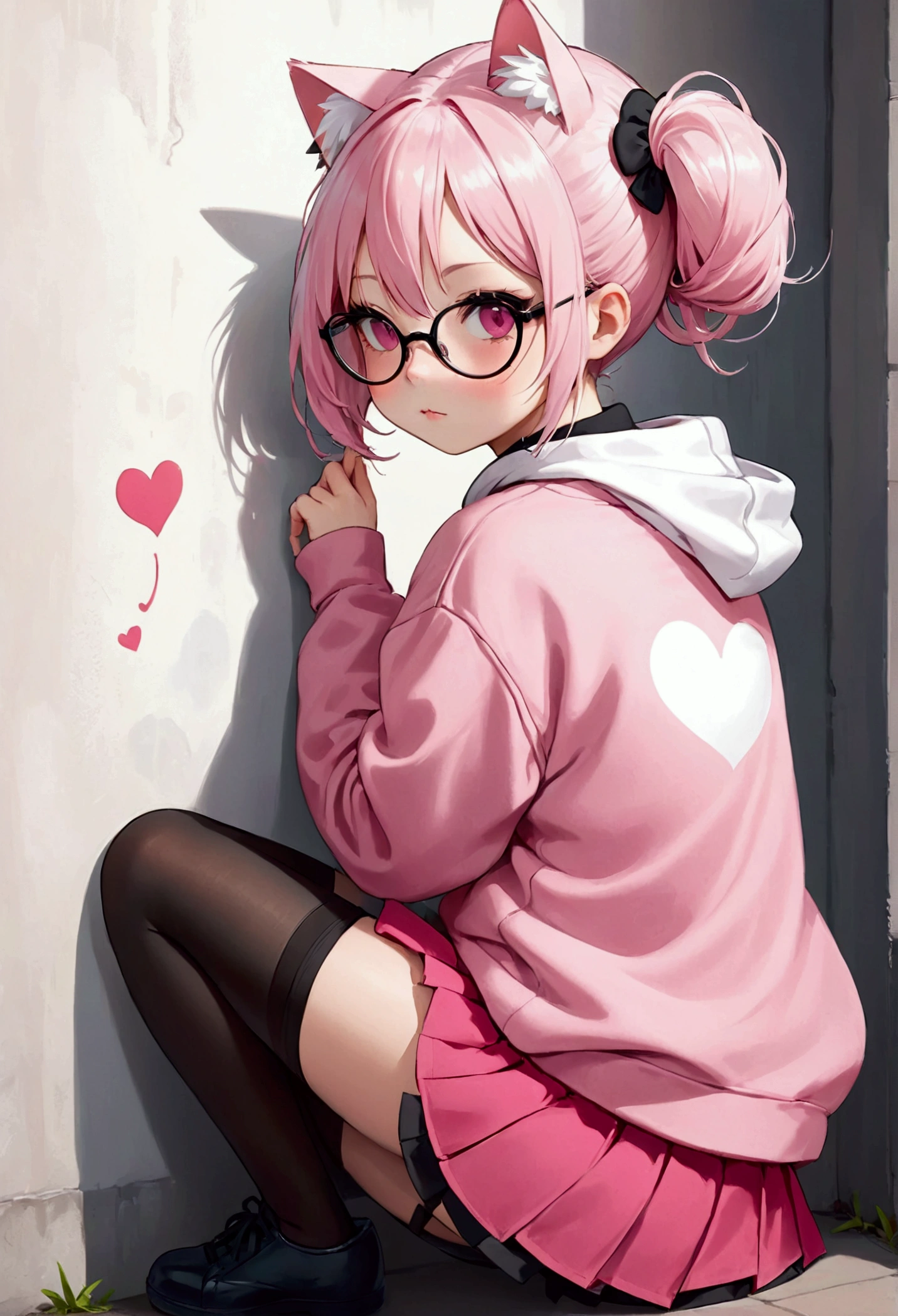 I have white pink hair, cat ears, a bun, my face is super blushing, black glasses, pink heart eyes, a big pink sweatshirt, a black skirt, black stockings, white shoes, a cat's tail, a girl. very shy that she is glued to a wall with her butt
