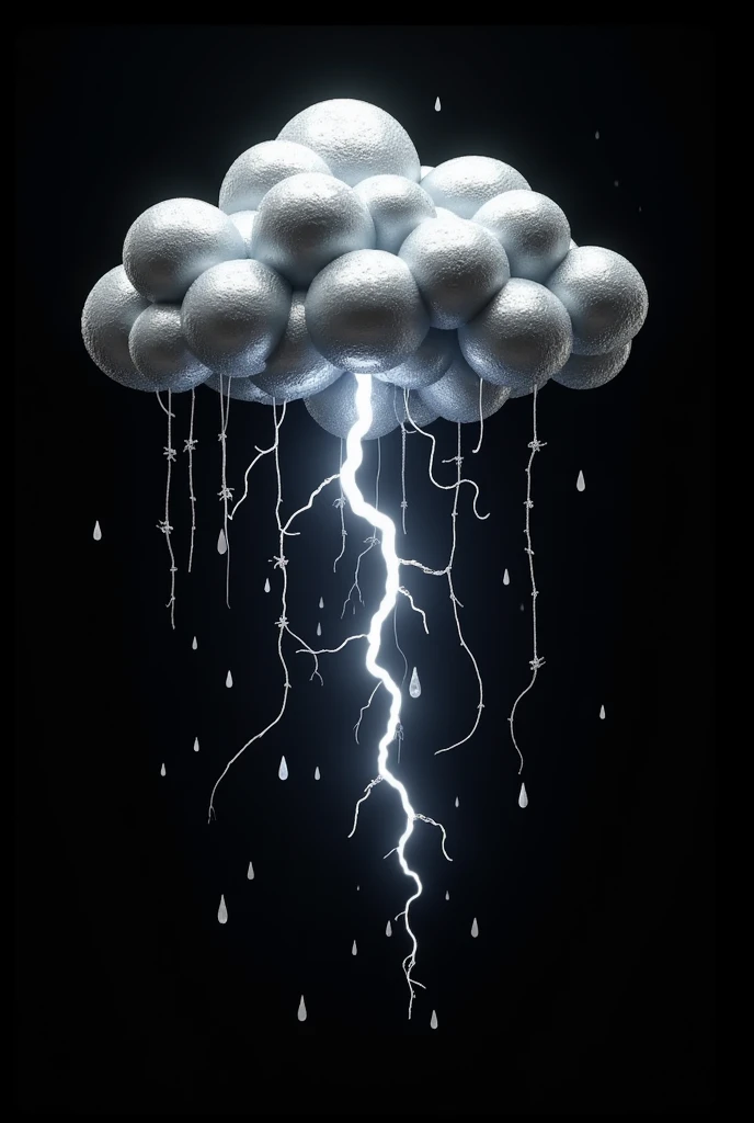 Create a chrome 3D cloud with chrome lightning bolts and barbed wires and falling rain. The background must be completely black