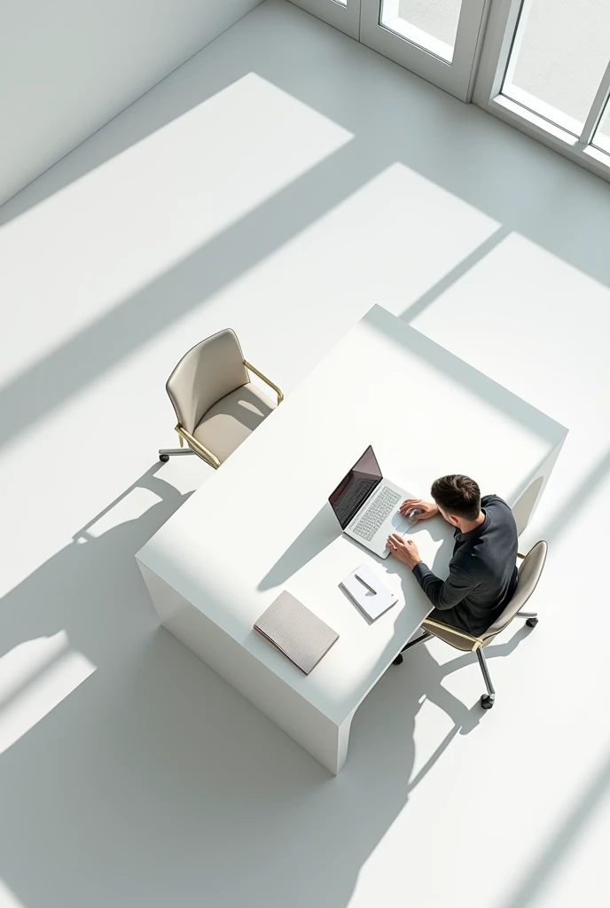White office table with man sitting on a chair viewed from above