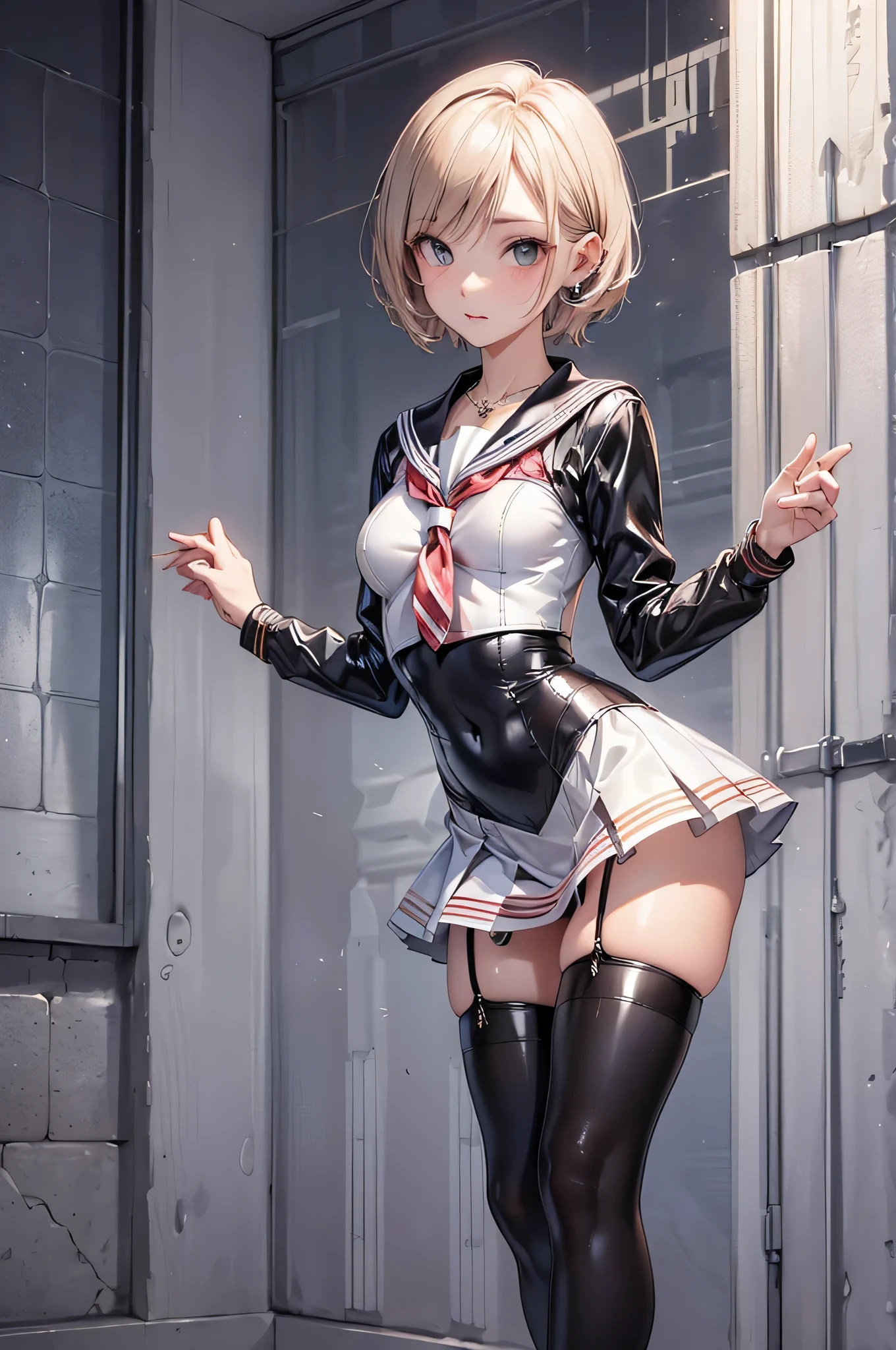 ((Biologically correct limb count)),(( From head to toe,Full-body photo including face)),4K,((Standing position)),masterpiece,((Focus on the face)),((Symmetrical facial features)),Eyes with detailed description,Beautiful woman,Great style,Beautiful arms,Beautiful legs,Beautiful Hands,(Small Ass,Thin thighs),Detailed depiction of the face,Small earrings,necklace,(Latex sailor suit,mini skirt((High heels,Patterned stockings))),Realistic photo,Short Hair,Stand at an angle