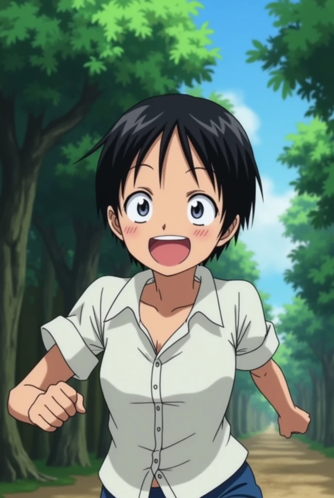 One Piece Screencap Girl with short black hair, gray eyes and wearing a white shirt. She is smiling excitedly. fund: forest with trees and shade. Pose: running to the sea . Toei Studios Animation
