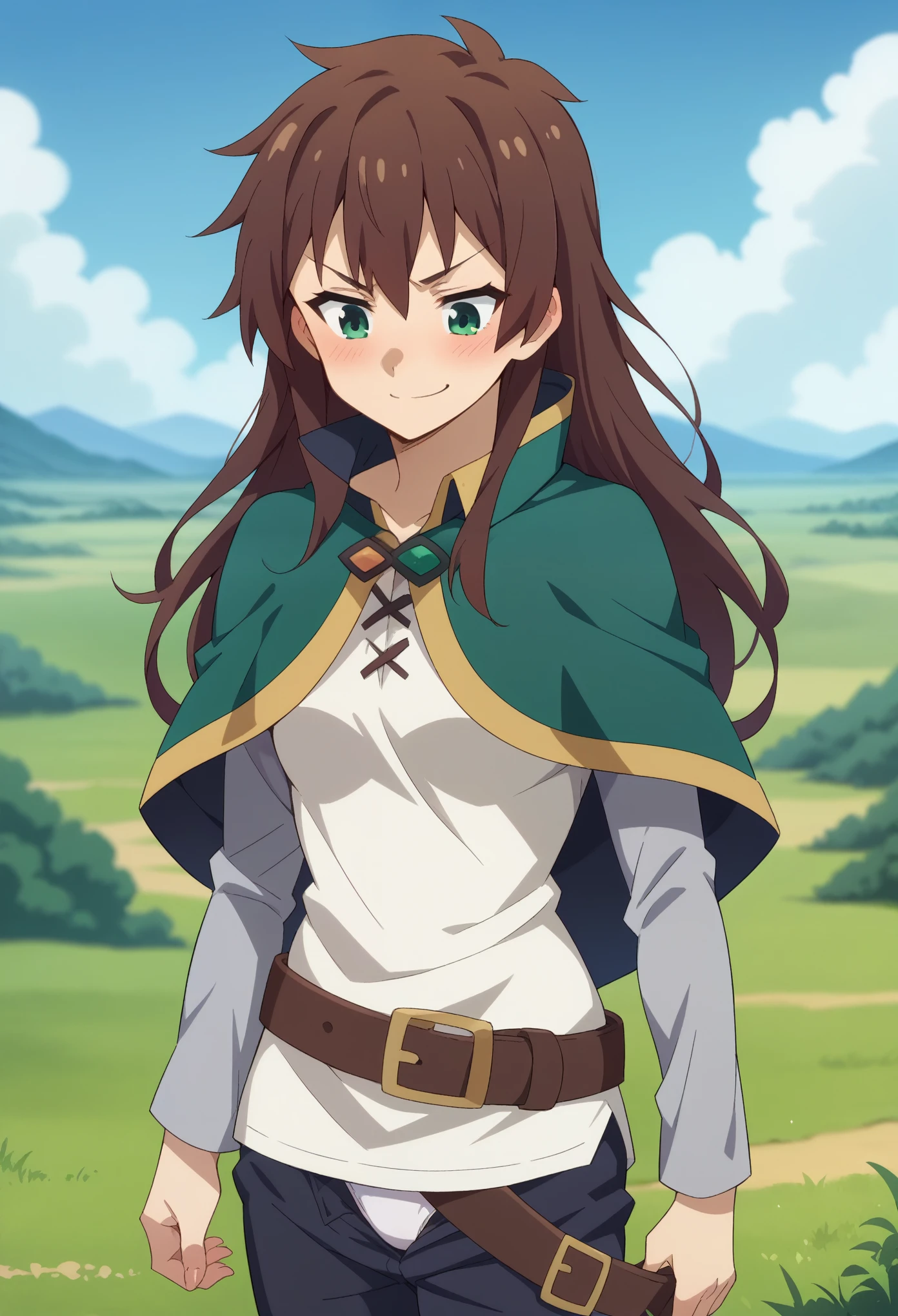 score_9, score_8_up, score_7_up, 1girl, solo, (female:1.5), female focus, female body, kazuma satou, long hair, brown hair, green eyes,shirt, long sleeves, white shirt, belt, no pants, capelet, brown belt, standing, perverted face, smirk, hand on pants, (pants down), white underwear, blushing, looking down, landscape, centered image,
