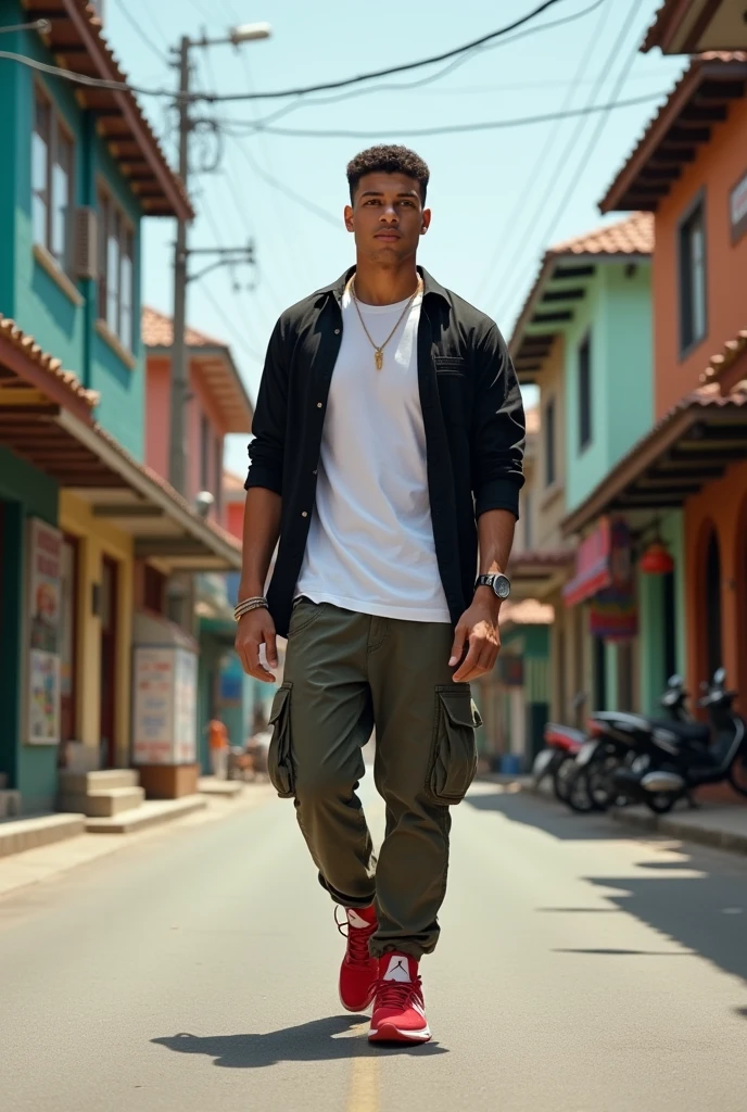 Create a photo a young man walking in the road side the young man beside are house and shops that young man costumes ra white t-shirt black shirt cargo pant with jordans red shoes