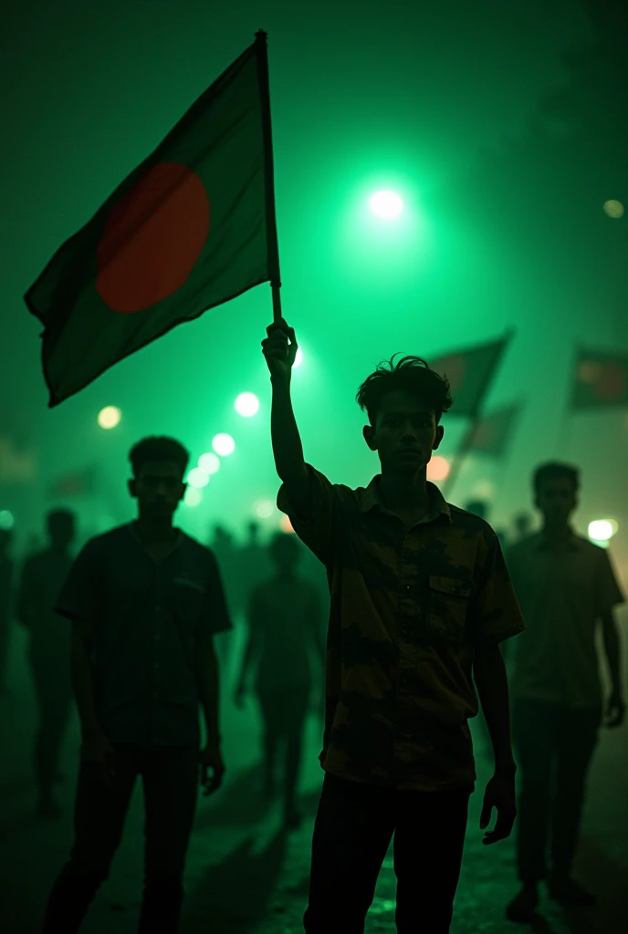 In Bangladesh, the ruling party lost power under the pressure of the anti-discrimination student movement. 🎓 As a result, the students and the public united to appoint Nobel Peace Prize laureate Dr. Mohammad Yunus as the chief advisor, forming a new interim government with non-political figures. In this scenario, police stations across the country became understaffed, leading to widespread insecurity. 🔒 To ensure public safety, students and citizens have stayed up all night, tirelessly preventing crimes like theft, robbery, and murder. 🔥 Now you make an image with night vision and Bangladeshi Flags into their hands. In this country there is high temperature weather so please modify 