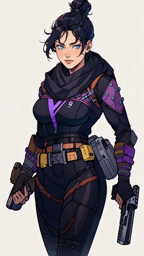 masterpiece,best quality,extreme detail,8k,white background,wraith, 1girl, solo, breasts, looking at viewer, smile, bangs, blue eyes, black hair, gloves, holding, medium breasts, weapon, belt, hair bun, scarf, holding weapon, gun, bodysuit, single hair bun, holding gun, handgun, black bodysuit, electricity, brown belt, black scarf