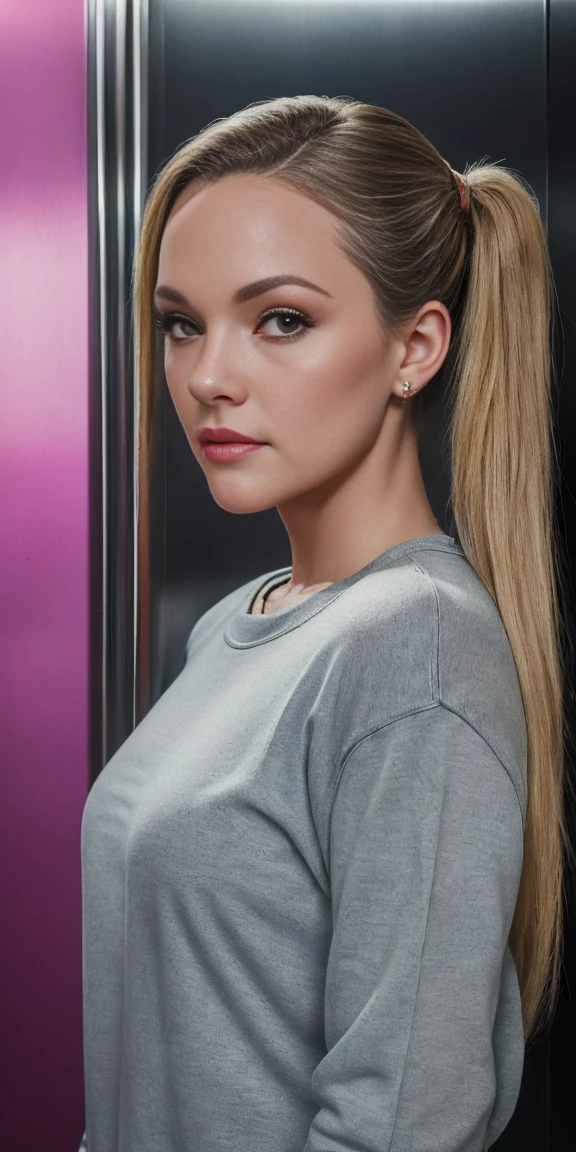 portrait of Alexis Texas,a gorgeous woman,in an (elevator),wearing a (crewneck:1.1),(pigtails),(soft-light:1.1),(8k, RAW photo, best quality, depth of field, ultra high res:1.1),(absurdres, intricate, photorealistic, masterpiece, ultra-detailed:1.2),