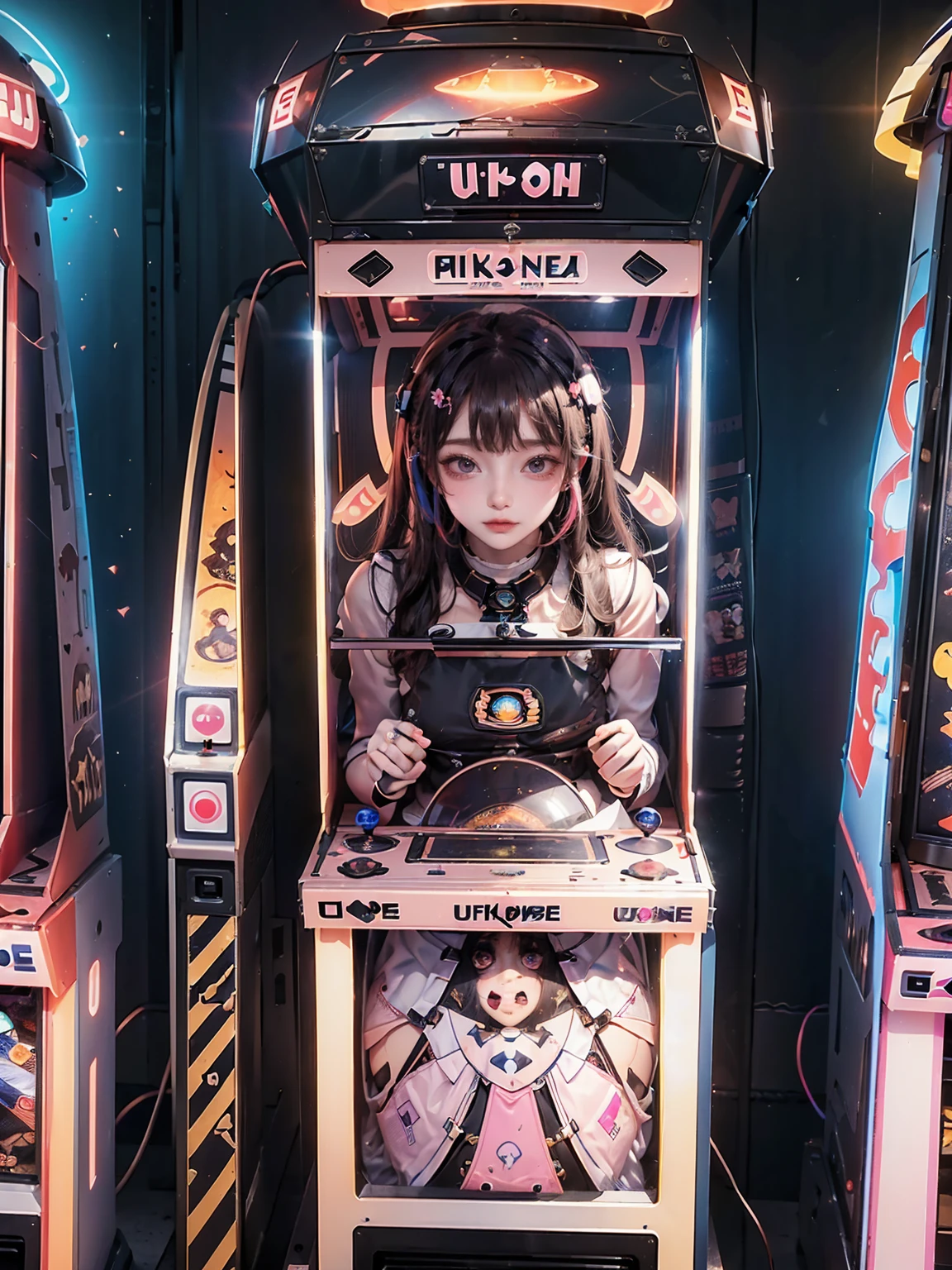 ((16K)),((masterpiece:1.3)), ((Highest quality)),((Arcade)),arcade,((game machine:1.3)),Game Bench,((UFO Catcher:1.4)),((Purikura:1.4)),date, neonlight