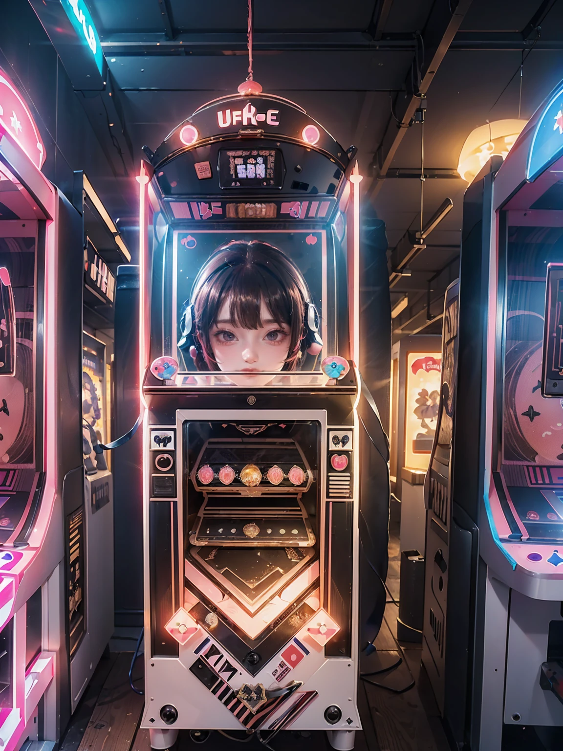 ((16K)),((masterpiece:1.3)), ((Highest quality)),((Arcade)),arcade,((game machine:1.3)),Game Bench,((UFO Catcher:1.4)),((Purikura:1.4)),date, neonlight
