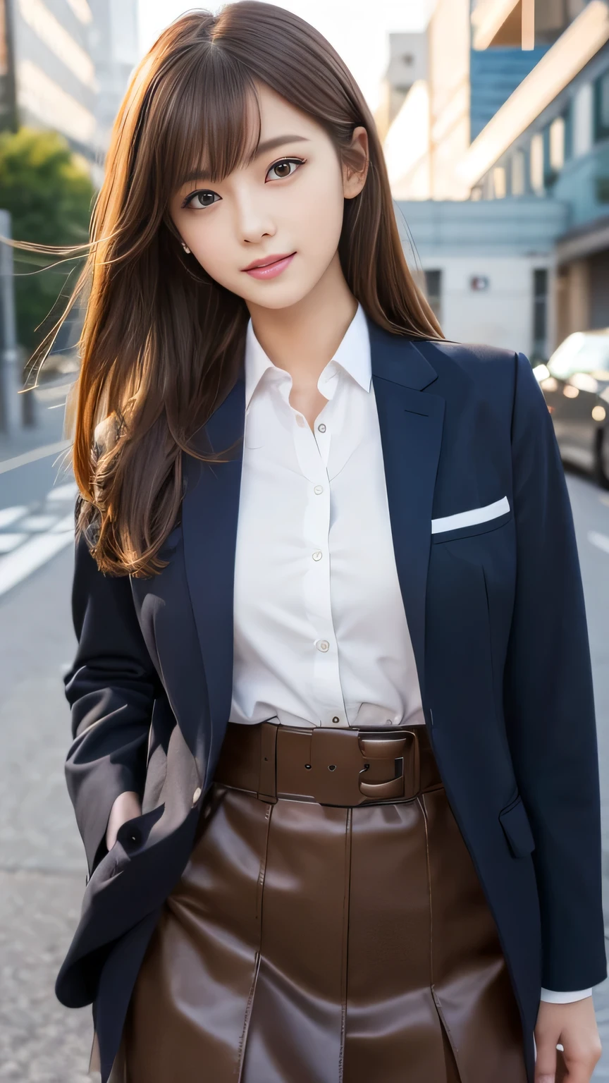 (Detailed skin:1.2),(Glowing Skin:1.1),8k,Highest quality, masterpiece, Ultra-high resolution,(Realistic:1.4), RAW Photos,(Soft Saturation:1.3),(Fair skin:1.2),Japanese Idols,repair,20 years, Light brown hair, （Shoresurf:1.2)、（Long Hairstyles:1.2), Asymmetrical hair, Asymmetrical bangs (Pretty face:1.4), (Large Breasts, Tight waist), Beautiful lighting, Small Head, (school uniform:1.2,),Highly detailed face, Highly detailed lips, fine grain, double eyelid,（Full Body Shot）, Browsing Caution, （Sharp focus: 1.2）, （Perfect Anatomy、Beautiful woman with perfect figure: 1.2）、Random sexy poses，Accentuate the lines of your legs、smile