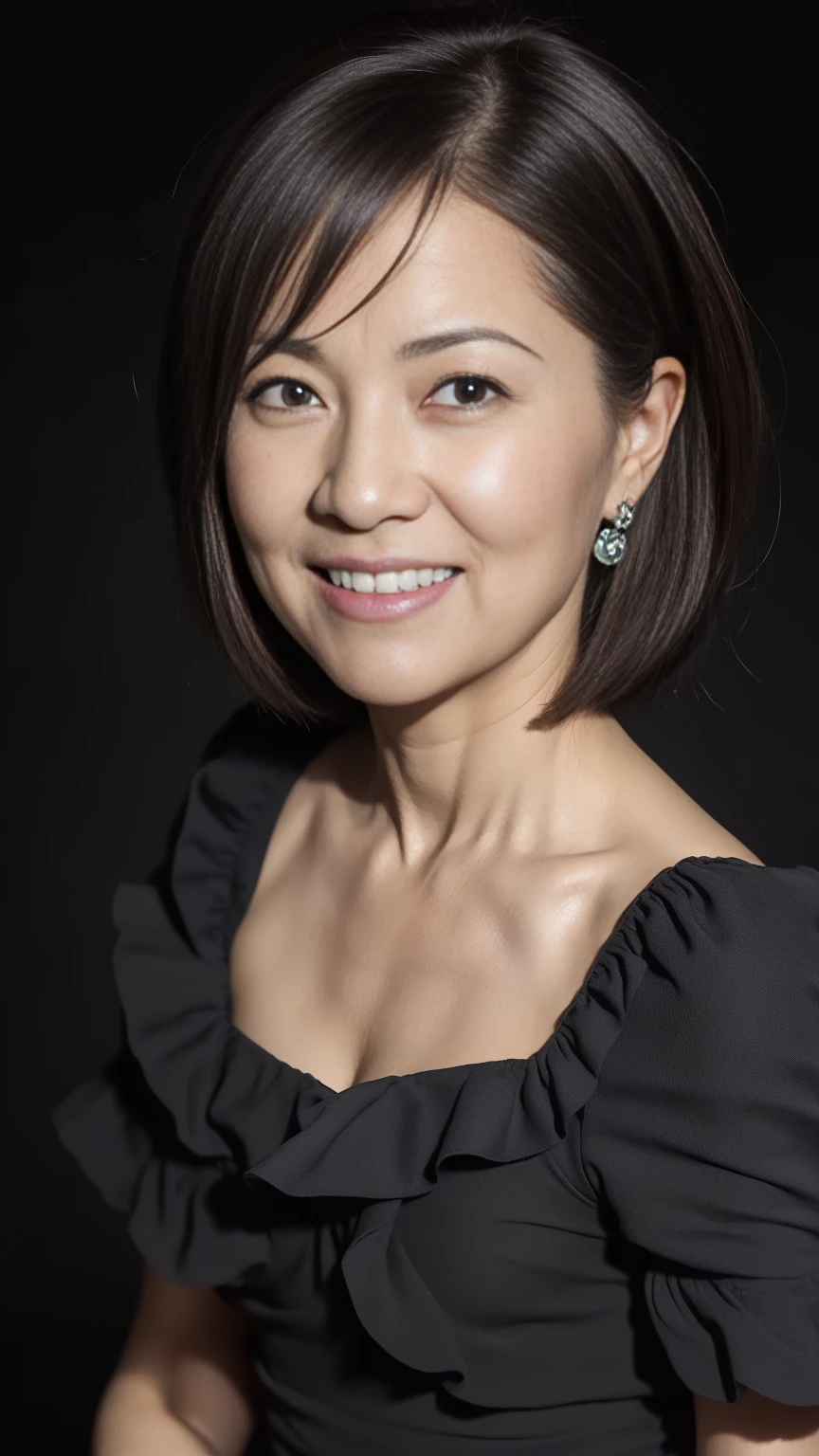(((Highest quality)), ((8k)), ((masterpiece: 1.3)), (Photorealism: 1.6), (JMA), (Who), (Portrait of a Japanese mature woman), (Pitch black background: 1.2), (65-year-old woman), (Cat face), (Perfect looks), ((Realistic skin texture)), (Fine wrinkles all over the skin), (Dullness), (Facial wrinkles), (Wrinkles around the eyes), double eyelid, Tear bags under the eyelids, (corner of the eye), Thin eyebrows, (Grimacing and laughing), Short bangs, short hair, (Solid color ruffle trim V-neck dress: 1.2), (Close-up of face),