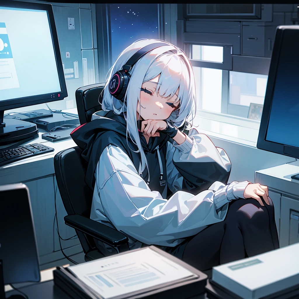 A girl with white hair and around middle school age was wearing a hoodie.、Sleeping on a desk with headphones on and using his arm as a pillow、Surrounded by a dark room、The girl is sitting in a chair in front of the computer、There is a window in the back and the beautiful night view can be seen through the thin curtains.